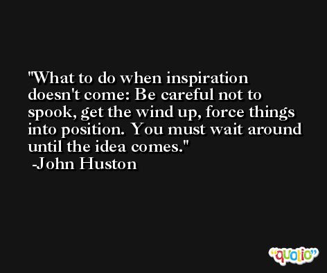 What to do when inspiration doesn't come: Be careful not to spook, get the wind up, force things into position. You must wait around until the idea comes. -John Huston
