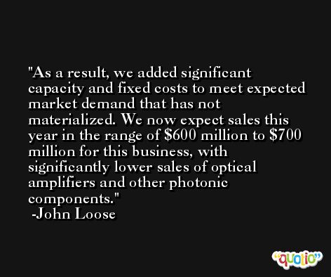 As a result, we added significant capacity and fixed costs to meet expected market demand that has not materialized. We now expect sales this year in the range of $600 million to $700 million for this business, with significantly lower sales of optical amplifiers and other photonic components. -John Loose