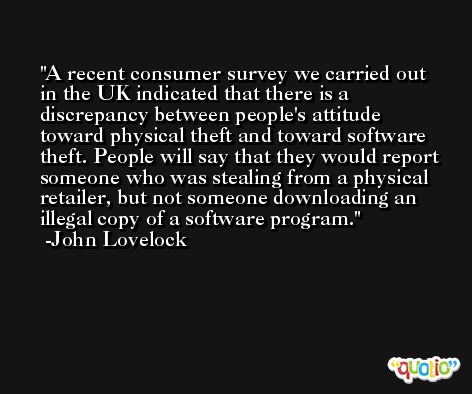 A recent consumer survey we carried out in the UK indicated that there is a discrepancy between people's attitude toward physical theft and toward software theft. People will say that they would report someone who was stealing from a physical retailer, but not someone downloading an illegal copy of a software program. -John Lovelock