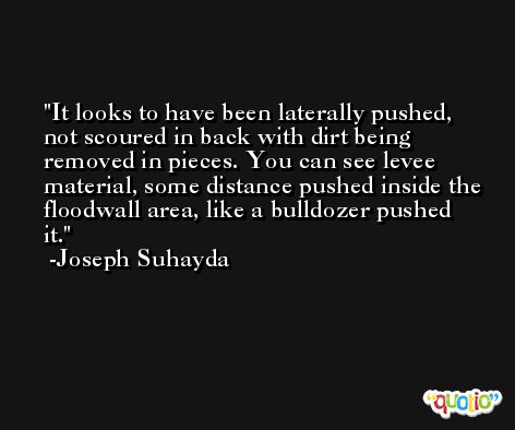 It looks to have been laterally pushed, not scoured in back with dirt being removed in pieces. You can see levee material, some distance pushed inside the floodwall area, like a bulldozer pushed it. -Joseph Suhayda
