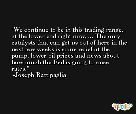 We continue to be in this trading range, at the lower end right now, ... The only catalysts that can get us out of here in the next few weeks is some relief at the pump, lower oil prices and news about how much the Fed is going to raise rates. -Joseph Battipaglia