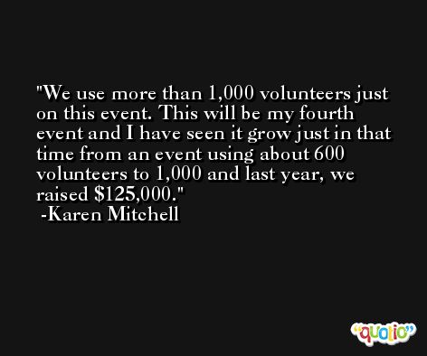 We use more than 1,000 volunteers just on this event. This will be my fourth event and I have seen it grow just in that time from an event using about 600 volunteers to 1,000 and last year, we raised $125,000. -Karen Mitchell