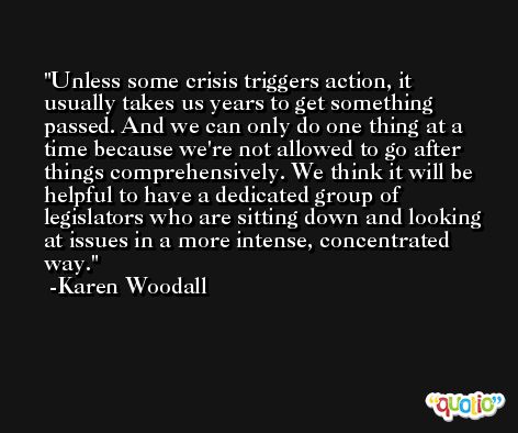 Unless some crisis triggers action, it usually takes us years to get something passed. And we can only do one thing at a time because we're not allowed to go after things comprehensively. We think it will be helpful to have a dedicated group of legislators who are sitting down and looking at issues in a more intense, concentrated way. -Karen Woodall