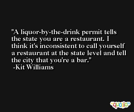 A liquor-by-the-drink permit tells the state you are a restaurant. I think it's inconsistent to call yourself a restaurant at the state level and tell the city that you're a bar. -Kit Williams