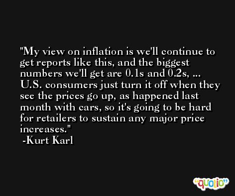 My view on inflation is we'll continue to get reports like this, and the biggest numbers we'll get are 0.1s and 0.2s, ... U.S. consumers just turn it off when they see the prices go up, as happened last month with cars, so it's going to be hard for retailers to sustain any major price increases. -Kurt Karl
