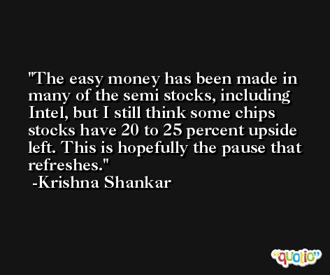 The easy money has been made in many of the semi stocks, including Intel, but I still think some chips stocks have 20 to 25 percent upside left. This is hopefully the pause that refreshes. -Krishna Shankar