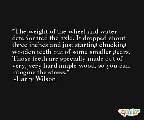 The weight of the wheel and water deteriorated the axle. It dropped about three inches and just starting chucking wooden teeth out of some smaller gears. Those teeth are specially made out of very, very hard maple wood, so you can imagine the stress. -Larry Wilson