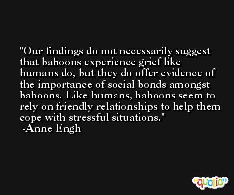 Our findings do not necessarily suggest that baboons experience grief like humans do, but they do offer evidence of the importance of social bonds amongst baboons. Like humans, baboons seem to rely on friendly relationships to help them cope with stressful situations. -Anne Engh