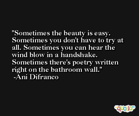 Sometimes the beauty is easy. Sometimes you don't have to try at all. Sometimes you can hear the wind blow in a handshake. Sometimes there's poetry written right on the bathroom wall. -Ani Difranco