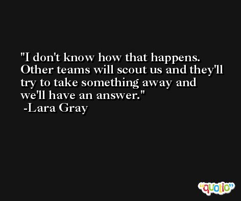 I don't know how that happens. Other teams will scout us and they'll try to take something away and we'll have an answer. -Lara Gray