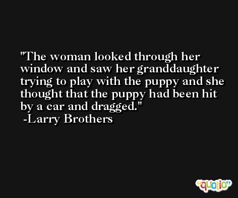 The woman looked through her window and saw her granddaughter trying to play with the puppy and she thought that the puppy had been hit by a car and dragged. -Larry Brothers