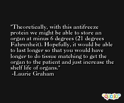 Theoretically, with this antifreeze protein we might be able to store an organ at minus 6 degrees (21 degrees Fahrenheit). Hopefully, it would be able to last longer so that you would have longer to do tissue matching to get the organ to the patient and just increase the shelf life of organs. -Laurie Graham
