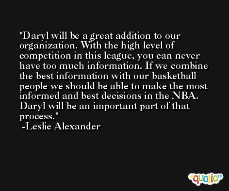 Daryl will be a great addition to our organization. With the high level of competition in this league, you can never have too much information. If we combine the best information with our basketball people we should be able to make the most informed and best decisions in the NBA. Daryl will be an important part of that process. -Leslie Alexander