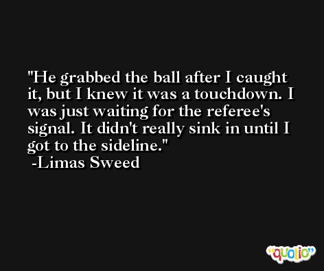 He grabbed the ball after I caught it, but I knew it was a touchdown. I was just waiting for the referee's signal. It didn't really sink in until I got to the sideline. -Limas Sweed