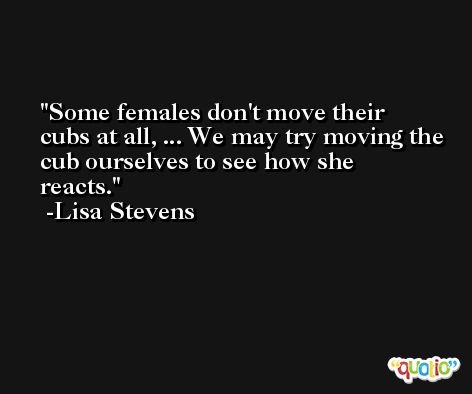 Some females don't move their cubs at all, ... We may try moving the cub ourselves to see how she reacts. -Lisa Stevens