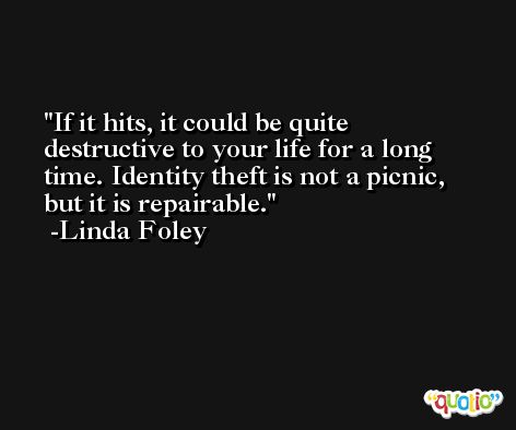 If it hits, it could be quite destructive to your life for a long time. Identity theft is not a picnic, but it is repairable. -Linda Foley