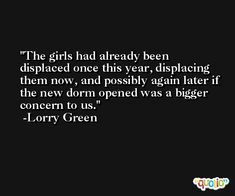 The girls had already been displaced once this year, displacing them now, and possibly again later if the new dorm opened was a bigger concern to us. -Lorry Green