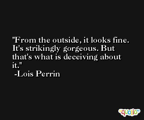 From the outside, it looks fine. It's strikingly gorgeous. But that's what is deceiving about it. -Lois Perrin