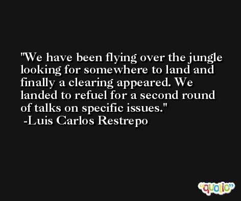 We have been flying over the jungle looking for somewhere to land and finally a clearing appeared. We landed to refuel for a second round of talks on specific issues. -Luis Carlos Restrepo