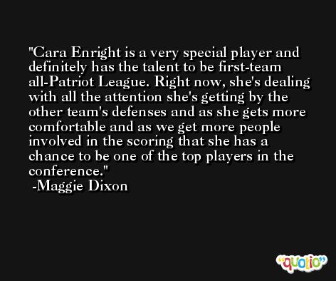 Cara Enright is a very special player and definitely has the talent to be first-team all-Patriot League. Right now, she's dealing with all the attention she's getting by the other team's defenses and as she gets more comfortable and as we get more people involved in the scoring that she has a chance to be one of the top players in the conference. -Maggie Dixon