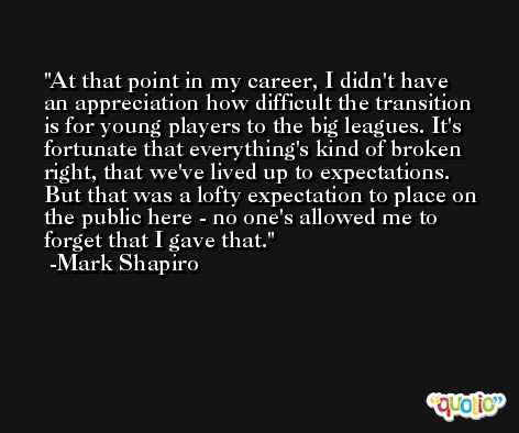 At that point in my career, I didn't have an appreciation how difficult the transition is for young players to the big leagues. It's fortunate that everything's kind of broken right, that we've lived up to expectations. But that was a lofty expectation to place on the public here - no one's allowed me to forget that I gave that. -Mark Shapiro