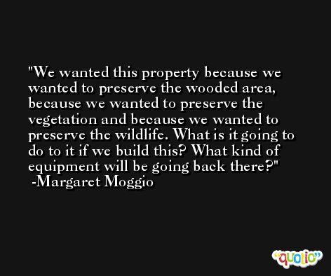 We wanted this property because we wanted to preserve the wooded area, because we wanted to preserve the vegetation and because we wanted to preserve the wildlife. What is it going to do to it if we build this? What kind of equipment will be going back there? -Margaret Moggio