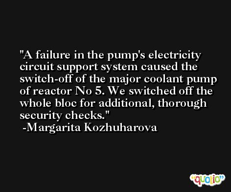 A failure in the pump's electricity circuit support system caused the switch-off of the major coolant pump of reactor No 5. We switched off the whole bloc for additional, thorough security checks. -Margarita Kozhuharova