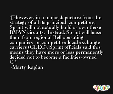 [However, in a major departure from the strategy of all its principal  competitors, Sprint will not actually build or own these BMAN circuits.  Instead, Sprint will lease them from regional Bell operating companies  or competitive local exchange carriers (CLEC). Sprint officials said this  means they have more or less permanently decided not to become a facilities-owned  C. -Marty Kaplan