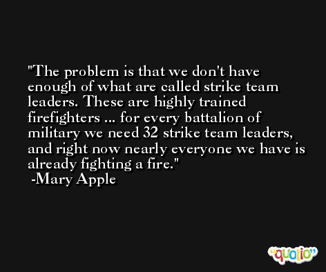 The problem is that we don't have enough of what are called strike team leaders. These are highly trained firefighters ... for every battalion of military we need 32 strike team leaders, and right now nearly everyone we have is already fighting a fire. -Mary Apple