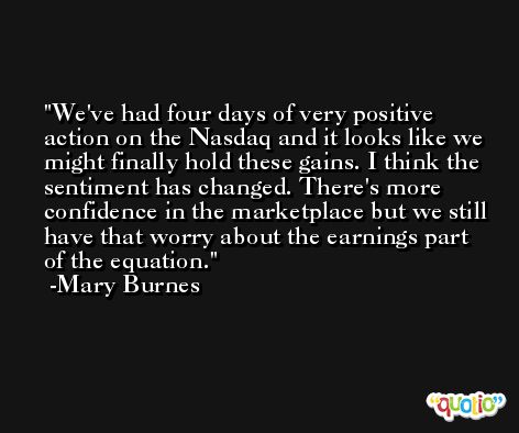 We've had four days of very positive action on the Nasdaq and it looks like we might finally hold these gains. I think the sentiment has changed. There's more confidence in the marketplace but we still have that worry about the earnings part of the equation. -Mary Burnes