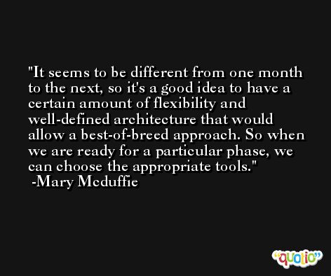 It seems to be different from one month to the next, so it's a good idea to have a certain amount of flexibility and well-defined architecture that would allow a best-of-breed approach. So when we are ready for a particular phase, we can choose the appropriate tools. -Mary Mcduffie