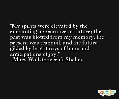 My spirits were elevated by the enchanting appearance of nature; the past was blotted from my memory, the present was tranquil, and the future gilded by bright rays of hope and anticipations of joy. -Mary Wollstonecraft Shelley