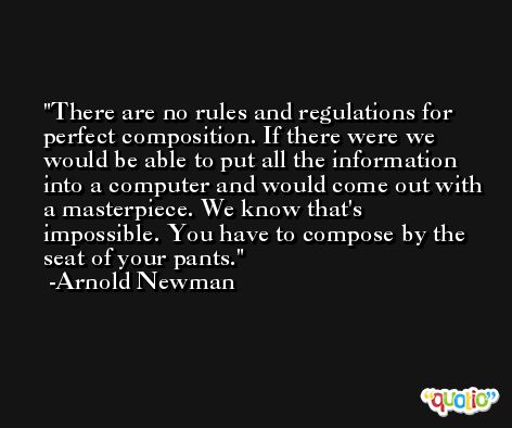 There are no rules and regulations for perfect composition. If there were we would be able to put all the information into a computer and would come out with a masterpiece. We know that's impossible. You have to compose by the seat of your pants. -Arnold Newman