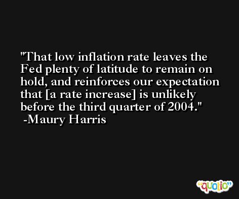 That low inflation rate leaves the Fed plenty of latitude to remain on hold, and reinforces our expectation that [a rate increase] is unlikely before the third quarter of 2004. -Maury Harris
