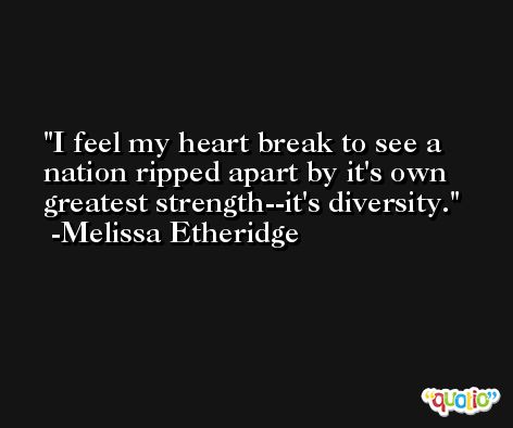 I feel my heart break to see a nation ripped apart by it's own greatest strength--it's diversity. -Melissa Etheridge