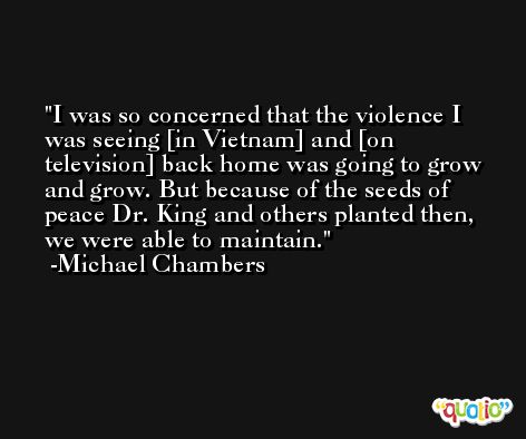 I was so concerned that the violence I was seeing [in Vietnam] and [on television] back home was going to grow and grow. But because of the seeds of peace Dr. King and others planted then, we were able to maintain. -Michael Chambers