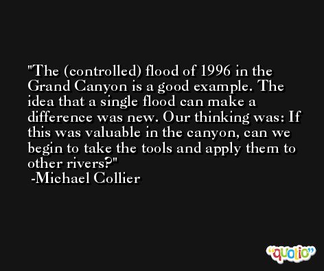 The (controlled) flood of 1996 in the Grand Canyon is a good example. The idea that a single flood can make a difference was new. Our thinking was: If this was valuable in the canyon, can we begin to take the tools and apply them to other rivers? -Michael Collier