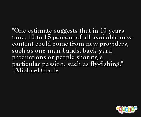 One estimate suggests that in 10 years time, 10 to 15 percent of all available new content could come from new providers, such as one-man bands, back-yard productions or people sharing a particular passion, such as fly-fishing. -Michael Grade