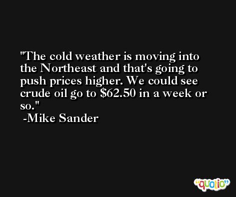 The cold weather is moving into the Northeast and that's going to push prices higher. We could see crude oil go to $62.50 in a week or so. -Mike Sander