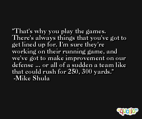 That's why you play the games. There's always things that you've got to get lined up for. I'm sure they're working on their running game, and we've got to make improvement on our defense ... or all of a sudden a team like that could rush for 250, 300 yards. -Mike Shula