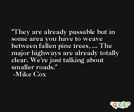 They are already passable but in some area you have to weave between fallen pine trees, ... The major highways are already totally clear. We're just talking about smaller roads. -Mike Cox