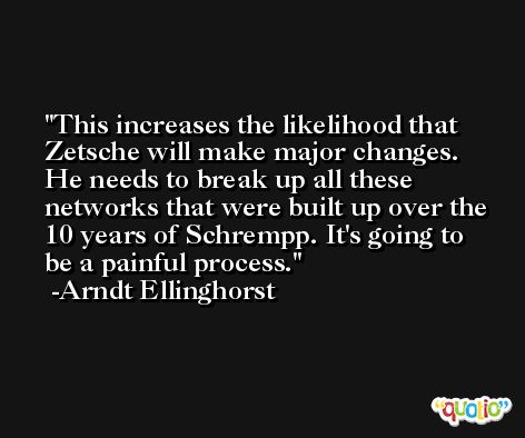 This increases the likelihood that Zetsche will make major changes. He needs to break up all these networks that were built up over the 10 years of Schrempp. It's going to be a painful process. -Arndt Ellinghorst