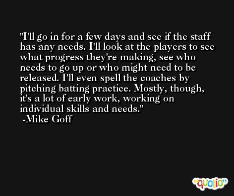 I'll go in for a few days and see if the staff has any needs. I'll look at the players to see what progress they're making, see who needs to go up or who might need to be released. I'll even spell the coaches by pitching batting practice. Mostly, though, it's a lot of early work, working on individual skills and needs. -Mike Goff