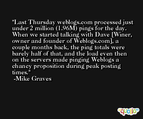 Last Thursday weblogs.com processed just under 2 million (1.96M) pings for the day. When we started talking with Dave [Winer, owner and founder of Weblogs.com], a couple months back, the ping totals were barely half of that, and the load even then on the servers made pinging Weblogs a chancy proposition during peak posting times. -Mike Graves