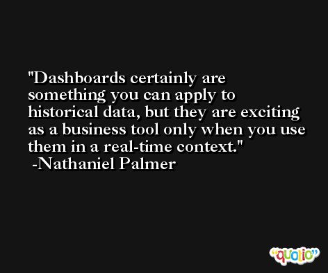 Dashboards certainly are something you can apply to historical data, but they are exciting as a business tool only when you use them in a real-time context. -Nathaniel Palmer