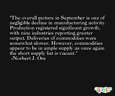 The overall picture in September is one of negligible decline in manufacturing activity. Production registered significant growth, with nine industries reporting greater output. Deliveries of commodities were somewhat slower. However, commodities appear to be in ample supply as once again the short supply list is vacant. -Norbert J. Ore