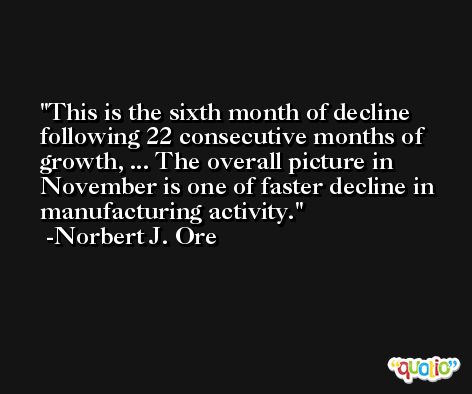 This is the sixth month of decline following 22 consecutive months of growth, ... The overall picture in November is one of faster decline in manufacturing activity. -Norbert J. Ore
