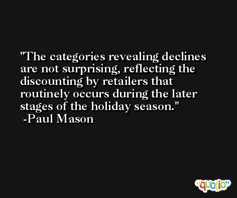 The categories revealing declines are not surprising, reflecting the discounting by retailers that routinely occurs during the later stages of the holiday season. -Paul Mason