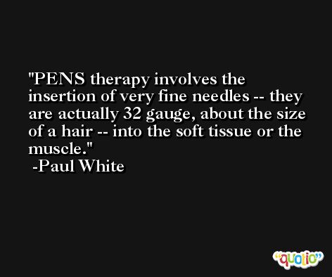 PENS therapy involves the insertion of very fine needles -- they are actually 32 gauge, about the size of a hair -- into the soft tissue or the muscle. -Paul White