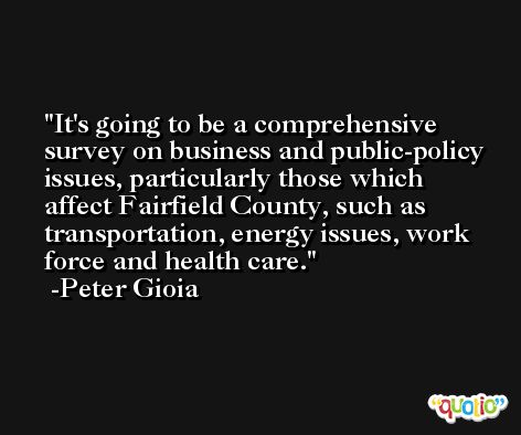 It's going to be a comprehensive survey on business and public-policy issues, particularly those which affect Fairfield County, such as transportation, energy issues, work force and health care. -Peter Gioia